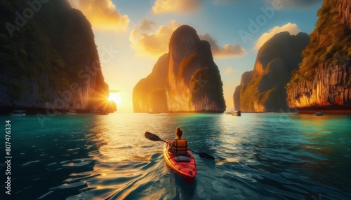 kayaker ventures into the open sea, navigating the calm turquoise waters near towering limestone cliffs. The sunset casts a warm, golden glow photo