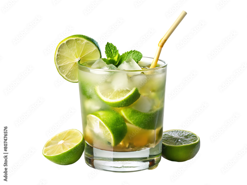 A glass of ice water with lime and mint leaves A glass of ice water with lime and mint leaves