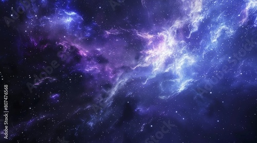 A majestic purple and blue galaxy with cosmic dust and star clusters.
