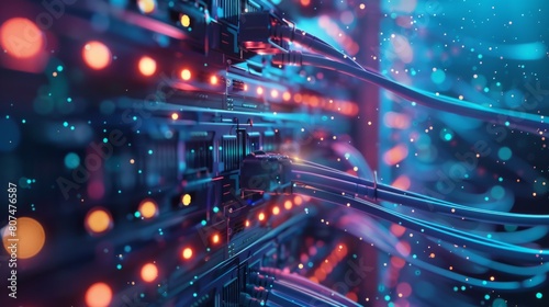 Fiber Optic cables connected to ports in a data center generative ai photo