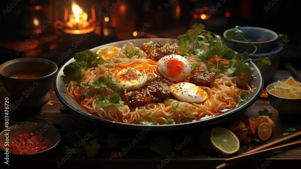 Delicious ramen noodles with egg topping on top, blur background Delicious ramen noodles with egg topping on top, blur background