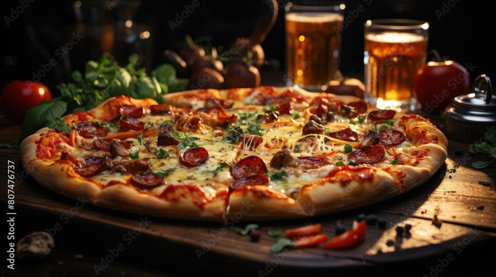 full pizza with vegetables and meat on wooden table with blur background