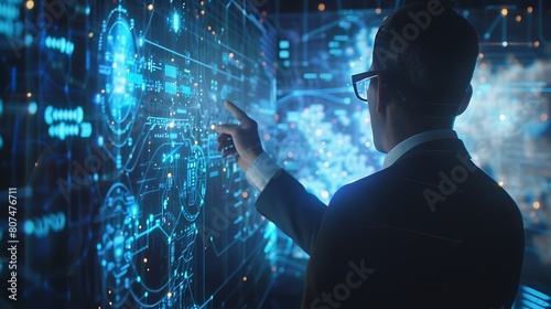 A businessman observing a holographic simulation of a data breach incident and analyzing the response strategies in real-time. © Graphica Galore