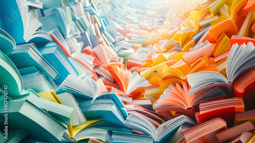 An explosion of vibrant, multicolored books fills the frame, creating a visually stunning display of knowledge and color.