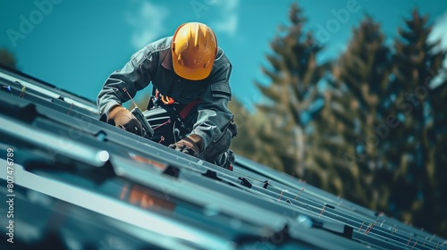Detailed image of a robotic worker employing air nails for roofing, emphasizing the repair and service on a factory top