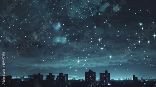 cityscape with many stars at night sky. 