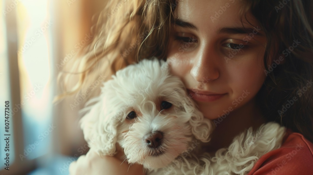 A heartfelt scene of a young girl snuggling with her white puppy in a warmly lit home. A heartfelt scene of a young girl snuggling with her white puppy in a warmly lit home.
