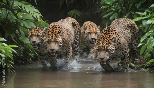A group of jaguars drinking from a jungle stream