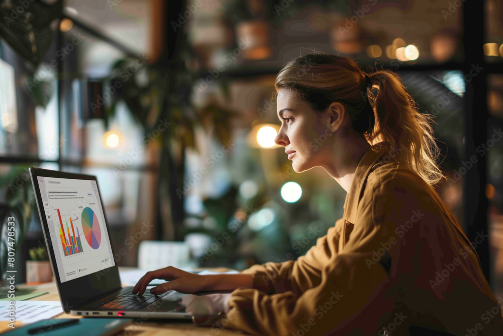 woman looking at computer with graphs open on a laptop in a modern office woman looking at computer with graphs open on a laptop in a modern office