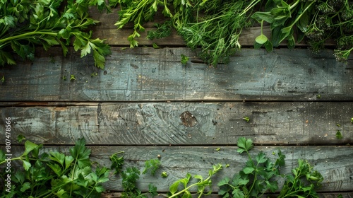 Assortment of fresh culinary herbs spread on weathered wooden boards. photo