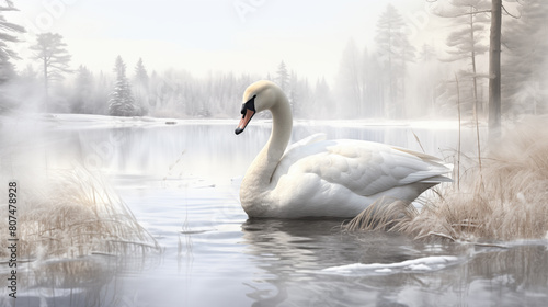 Double Exposure of a Trumpeter Swan illustration on a pond on a white background ~ Created using Generative AI