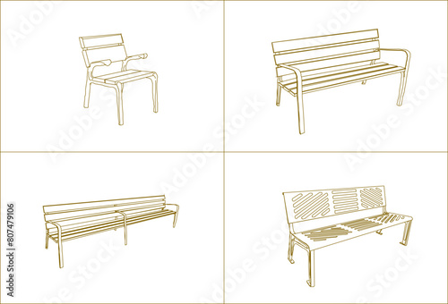 vector illustration sketch design drawing of park benches and urban forest fields for sitting