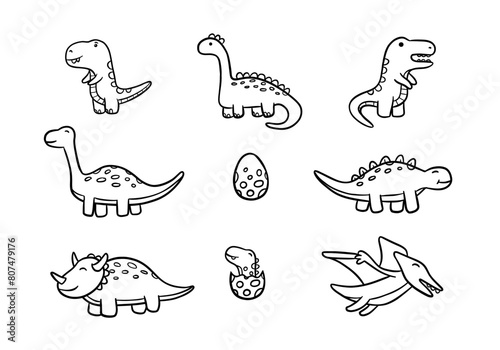 set dinosaur doodle line art vector illustration cartoon for kids