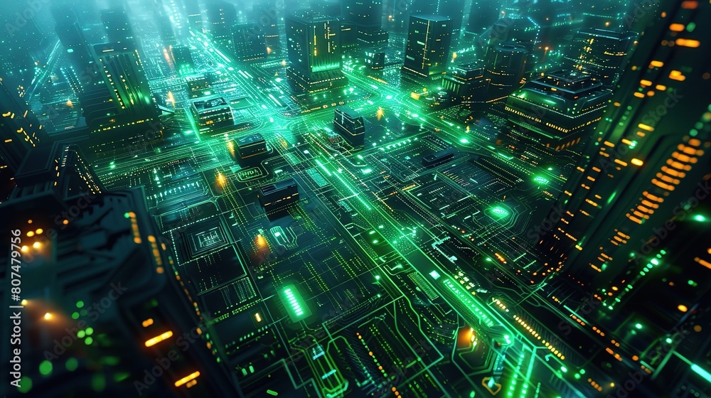 A futuristic digital art piece featuring neon lights and glowing circuits, reminiscent of a cyberpunk cityscape,