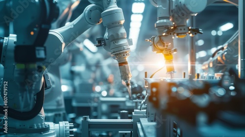 a high-tech manufacturing facility where robots and automation systems work in harmony to produce precision-engineered products with unparalleled efficiency #807479752