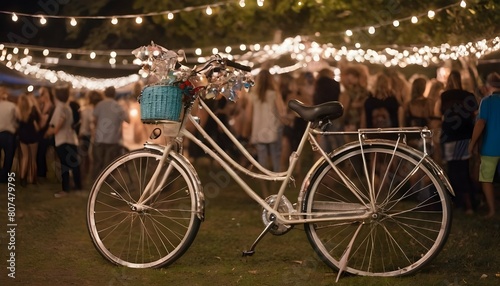 A bicycle adorned with fairy lights parked outside