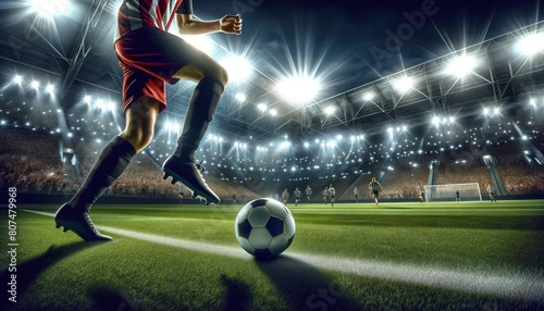 soccer scene in a large, illuminated stadium filled with spectators.
