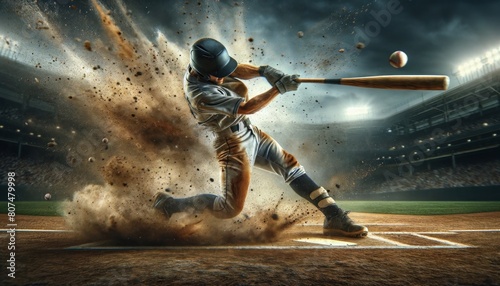 baseball player in the middle of a powerful swing, the bat connecting with the ball, dirt exploding around the action photo