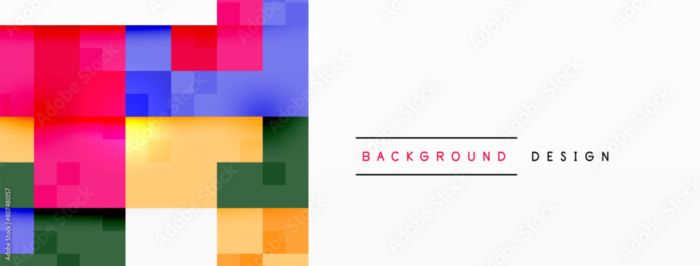 A vibrant display of colorfulness with squares in different shades on a white background. The rectangles, triangles, and parallel lines create a dynamic art piece with magenta tints and shades