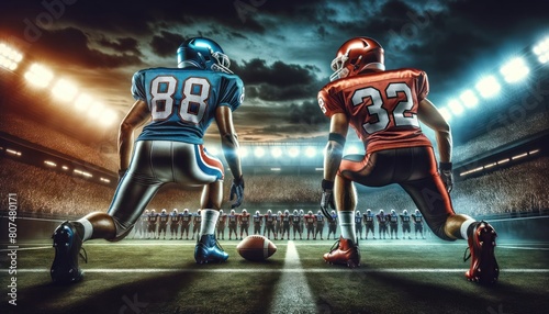football field during dusk, with two football players from opposing teams standing back to back, ready to face off.