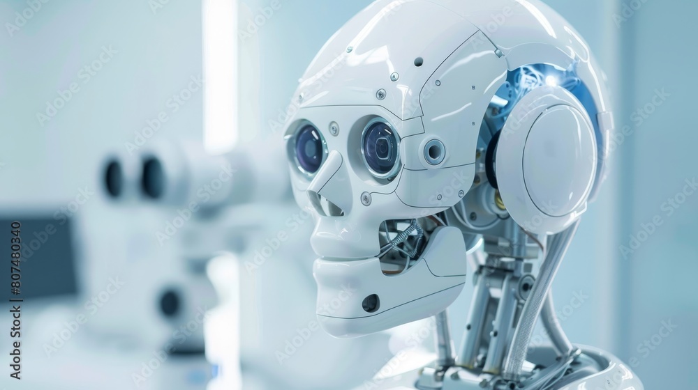 Close-up portrait of a sophisticated robot ophthalmologist in a clinic, gently covering its right eye, exuding happiness, eyesight check concept Close-up portrait of a sophisticated robot ophthalmologist in a clinic, gently covering its right eye, exuding happiness, eyesight check concept