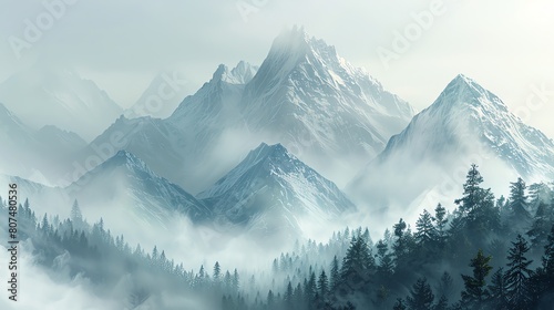 Craft a serene landscape painting featuring a majestic mountain range shrouded in a delicate light grey mist