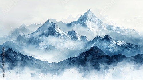 Craft a serene landscape painting featuring a majestic mountain range shrouded in a delicate light grey mist © Navaporn