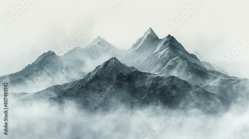 Craft a serene landscape painting featuring a majestic mountain range shrouded in a delicate light grey mist