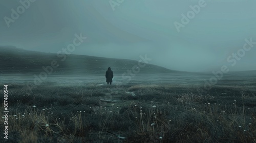 Stalker concept. Lonely lost man stands on the road in the middle of nowhere, rear view photo