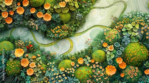 Design a detailed birds-eye view painting of a lime green botanical garden with winding paths, blooming flowers, and hidden wildlife in watercolor photo