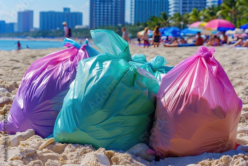 Urban Beach Cleanup  Colorful Piles of Recyclable Bags Amidst Cityscape