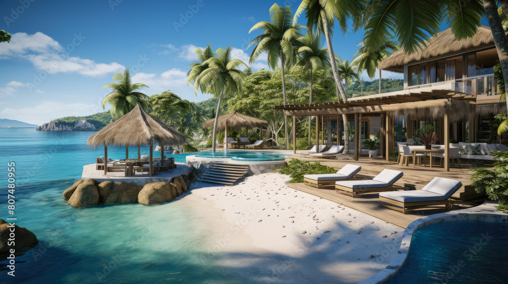 exclusive island retreat: pristine beaches, private cabanas, azure waters,