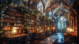 Amazing image of an ornate magical library with fairy lights, ornamental plants and gothic arches