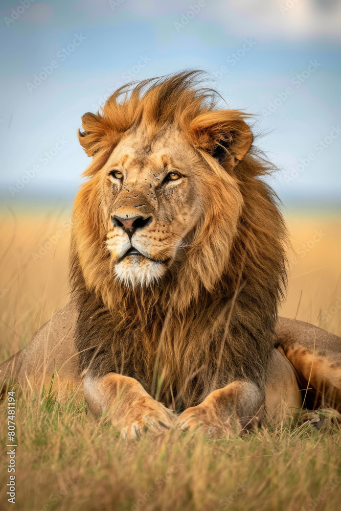 Majestic Lion Resting in Savannah Grasslands Under Blue Sky