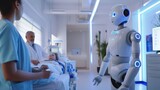 a humanoid robot assisting in a futuristic hospital