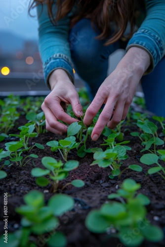 Woman Planting Young Green Seedlings in a Garden Bed