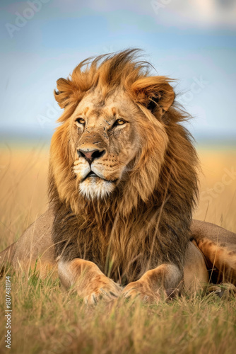 Majestic Lion Resting in Savannah Grasslands Under Blue Sky