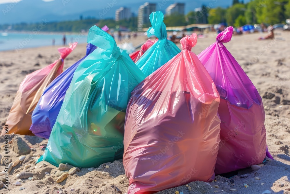 Urban Beach Cleanup: Colorful Piles of Recyclable Bags Amidst Cityscape