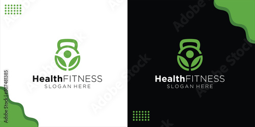 creative Leaf logo with kettlebell barbell design for gym and fitness illustration, design inspiration, vector