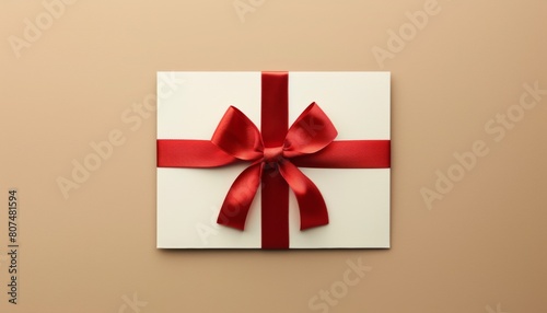 Top view of a white gift box with a glossy red ribbon on a beige background. © Cassova