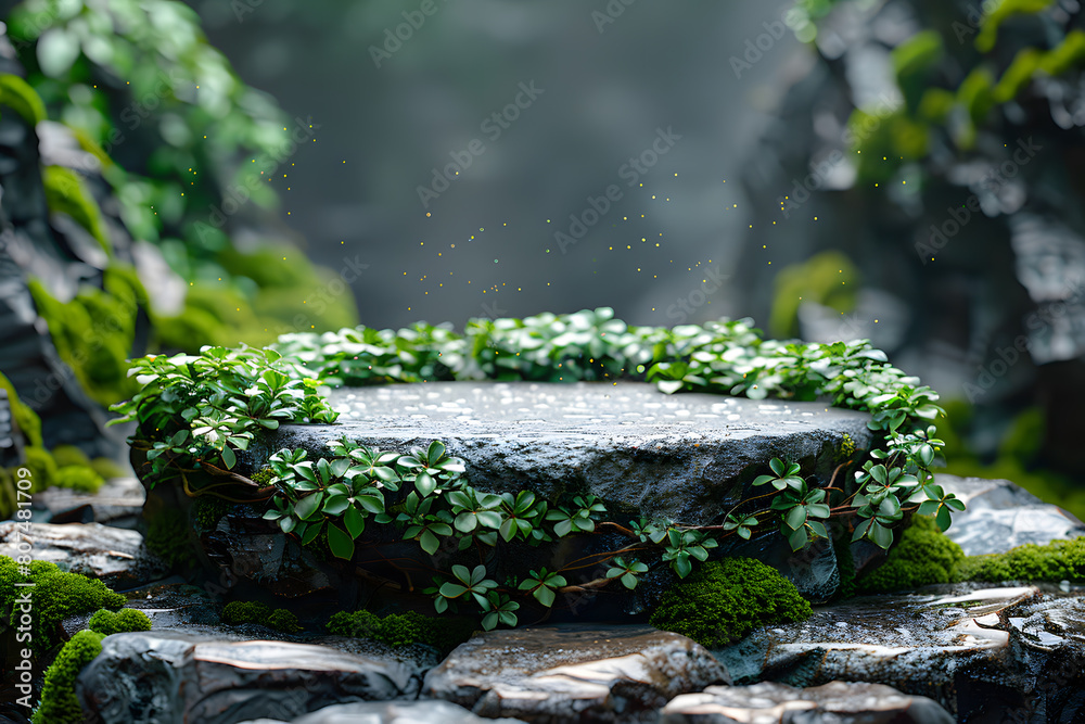 Obraz premium Empty stylish minimalistic stone podium 3D mockup background for beauty product presentation concept. Copy space platform for Cosmetics, perfume home goods fashion sales advertising stand.