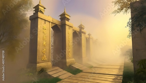 A pathway of golden mist leading to the gates of p photo