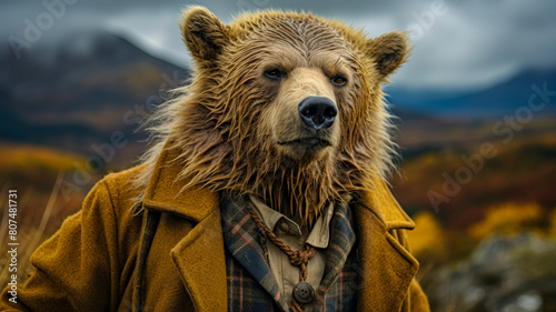 A bear is wearing a brown coat and a tie