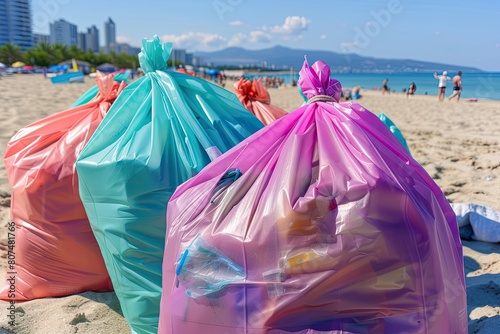 Urban Beach Cleanup  Colorful Piles of Recyclable Bags Amidst Cityscape