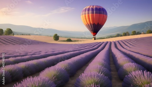 A hot air balloon drifting over a field of lavende upscaled 3