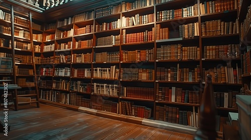 Attractive No people panning slowmo shot of modern library interior with wooden bookcases photo