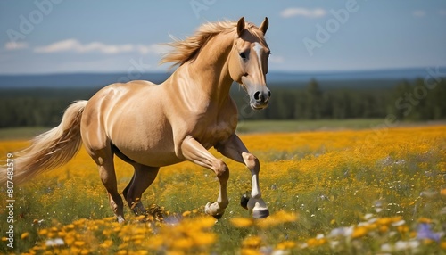 Create an image of a golden horse prancing through upscaled 3