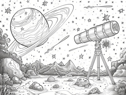A black and white space-themed illustration with various celestial objects such as planets , stars , comets , and a burst of light . Starry Nightlines for coloring page