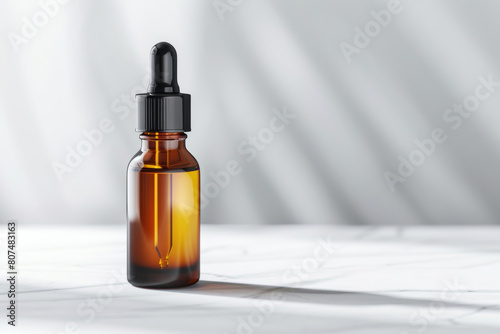 Glass bottles containing cosmetic serum displayed on a plain white backdrop. Visual representation of packaging featuring a dropper.