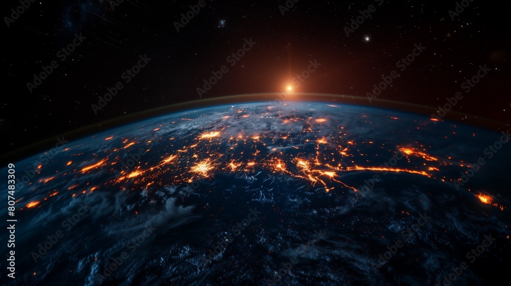 Obraz premium Global network visualization showcasing bright connections across digital nodes on a dark background